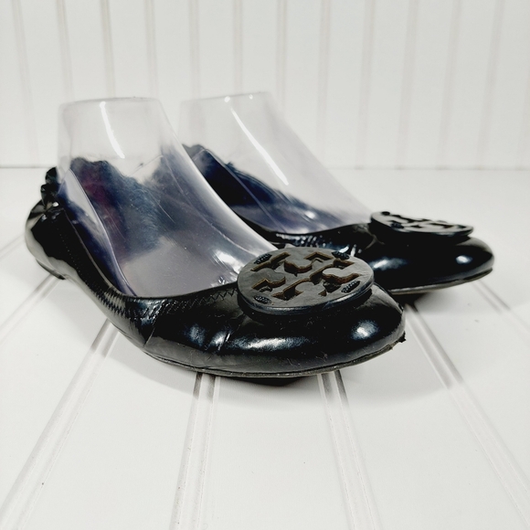 Tory Burch Black Patent Leather Reva Scrunch Ballet Flats A25 - Picture 5 of 15